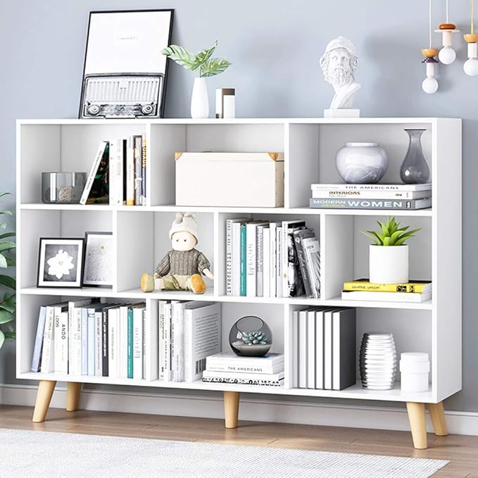 IOTXY Wooden Open Shelf Bookcase - 3-Tier Floor Standing Display Cabinet Rack with Legs, 10 Cubes Bookshelf, Warm White-Ruum Studio Home