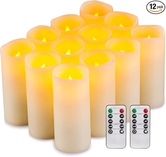 Flameless Candles Flickering LED Candles Set of 12 (D:2.2" X H:5") Ivory Real Wax Pillar Battery Opeated Candles with 10-Key Remote and Cycling 24 Hours Timer