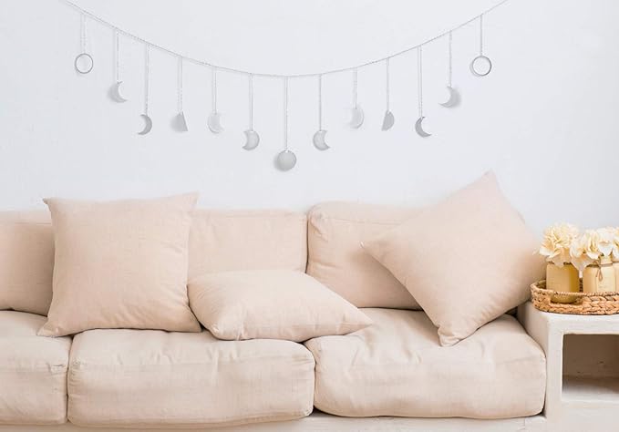 Mkono Moon Phase Wall Hanging Boho Aesthetic Room Decor Metal Moons Garland Hanging Art Bohemian Home Decoration for Girls Room Nursery Bedroom Livingroom Dorm, Ideal, Silver, 55"-Ruum Studio Home