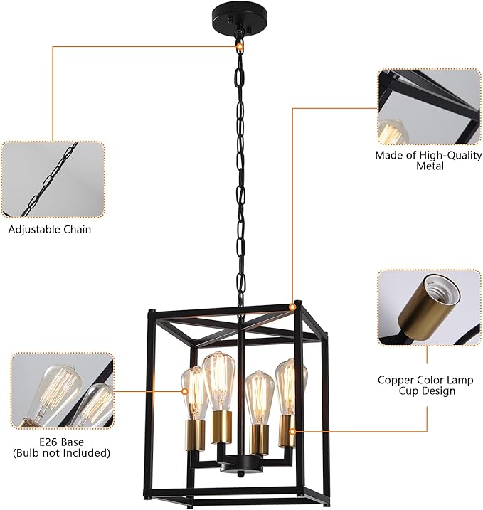 Lantern Pendant Light, 4-Light Gold Chandelier,Modernized Ceiling Hanging Light Fixture for Bedroom Kitchen Island Foyer Living Room Dining Room Hallway-Ruum Studio Home