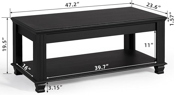 Farmhouse Coffee Tables for Living Room,Square Tea Table with Open Storage Shelf,Large Coffee Table,Rustic Wooden Center Table,Black-Ruum Studio Home