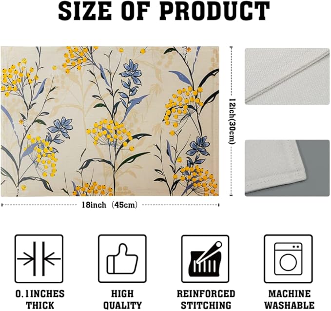 Floral Placemats Set of 4 Vintage Floral Summer Flowers Yellow Placemats for Kitchen Table Linen Placemats Washable Non-Slip Heat Resistant Place Mats for Party Kitchen Dining Decorations 18x12 Inch-Ruum Studio Home