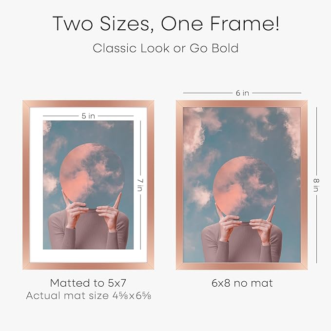 Homeforia Rose Gold 6x8 Picture Frame, High End Metal 6 x 8 Frames with Mat 5 x 7 for Print, 6by8 Desk Frame Matted to 5x7 inch Photo, 6 by 8 Wall or Tabletop Frame, Tempered Glass, Wall Kit, Set of 1-Ruum Studio Home