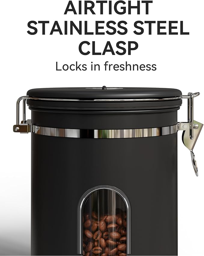 Veken Large Coffee Canister with Window, Rice Kitchen Food Storage Airtight Stainless Steel Container with Lids, Date Tracker and Scoop, Grounds, Beans, Tea, Flour, Cereal, Sugar Jars, 38oz, Black-Ruum Studio Home