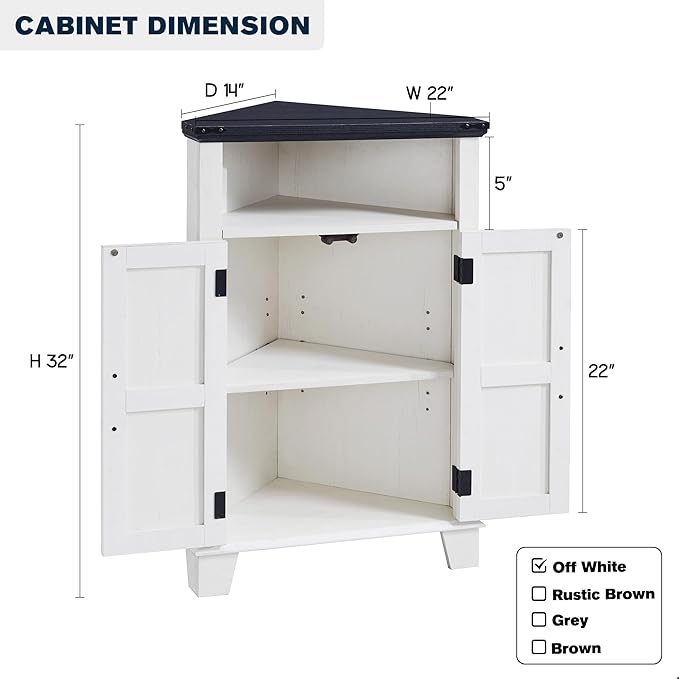 Corner Bathroom Cabinet, Farmhouse Small Corner Cabinet with Barn Door & Adjustable Shelf, Storage Cabinets for Bathroom, Kitchen, Living Room, Off White-Ruum Studio Home