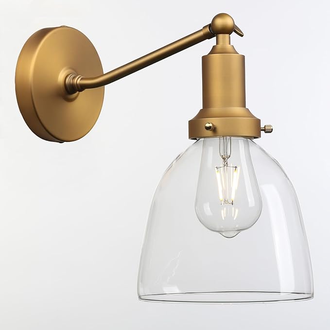PERMO Industrial Vintage Slope Pole Wall Mount Single Sconce with 6.7" Oval Dome Clear Glass Shade Wall Sconce Light Fixture (Antique Gold)-Ruum Studio Home