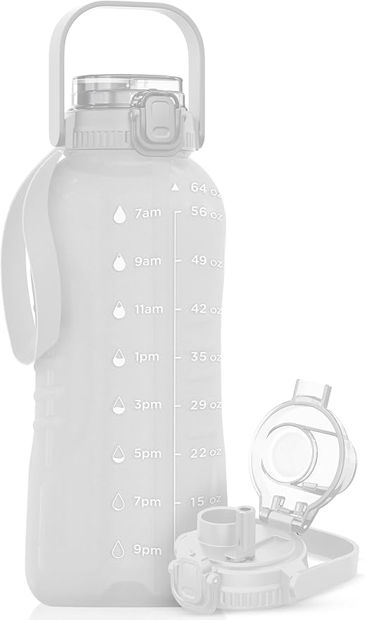 AQUAFIT 64 oz Water Bottle with Time Marker - 2in1 Straw & Chug Lid - BPA Free Big Water Bottle with Straw - Gym Water Bottle with Strap - Water Jug (64 Ounces, Frosty)-Ruum Studio Home