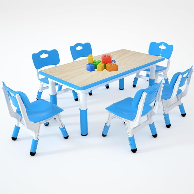 Kids Study Table and 6 Chairs Set,Height Adjustable Table and Chairs for Children and Toddlers,47.2"X23.6"Graffiti Desktop,Suitable for Daycare,Classrooms, Home-Ruum Studio Home