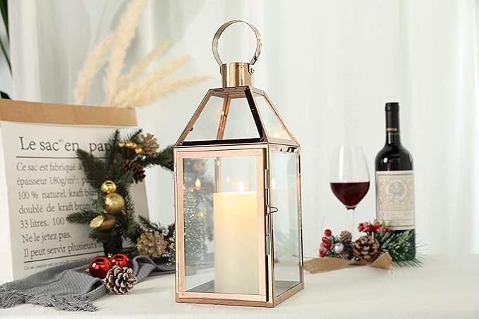 JHY Design Rose Gold Decorative Lanterns 16 inch High Stainless Steel Candle Lanterns with Tempered Glass for Indoor Outdoor Events Parities and Weddings-Ruum Studio Home