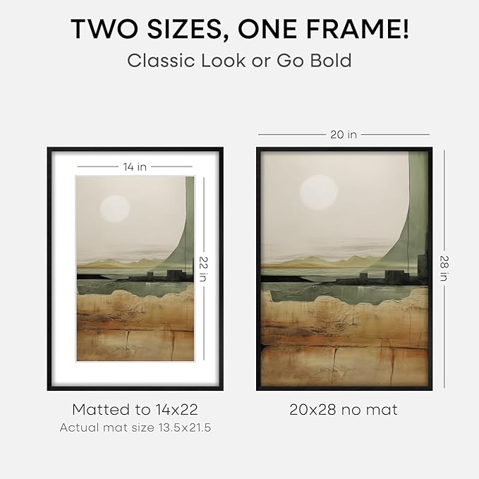 Homeforia 20x28 Black Wood Frame, High End Oak 20x28 Wooden Picture Frames with Mat 14x22 Photo, 20 x 28 Poster Frame Matted to 14 by 22 Print, 28x20 Hanging Frames, Tempered Glass, Wall Kit, Set of 1-Ruum Studio Home