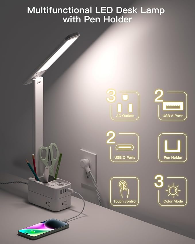 Addtam LED Desk Lamp with Pen Holder, Study Lamps with 3 Outlets 4 USB Charging Ports(2 USBC), 3 Color Modes Desk Light Touch Lamp, Small Desk Lamps for Home Office College Dorm Room Essentials-Ruum Studio Home
