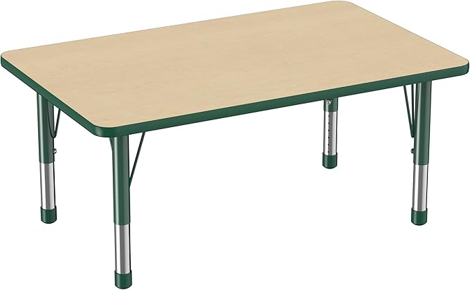 FDP Rectangle Activity School and Classroom Kids Table (30 x 48 inch), Chunky Toddler Legs, Adjustable Height 15-24 inches - Maple Top and Green Edge-Ruum Studio Home