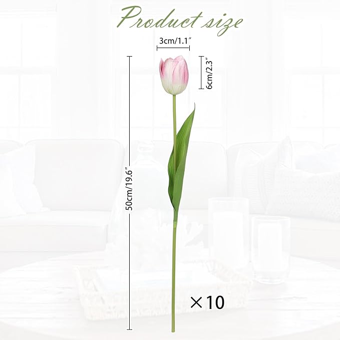 Artificial Tulips Flowers – 20" Long Stem Faux Tulips, 10PCS Real Touch Fake Pink Tulip for Vase, Farmhouse, Kitchen, Spring & Wedding Home Decor-Ruum Studio Home