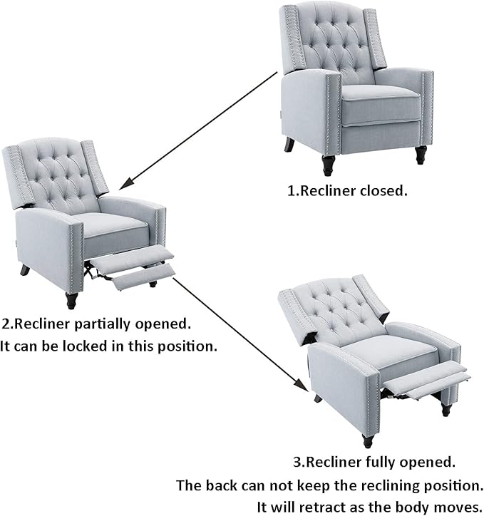 Fabric Push Back Recliner Chair Mid Century Tufted Single Comfy Reading Sofa Chair for Living Room/Bedroom/Home Theatre, Grey-Ruum Studio Home