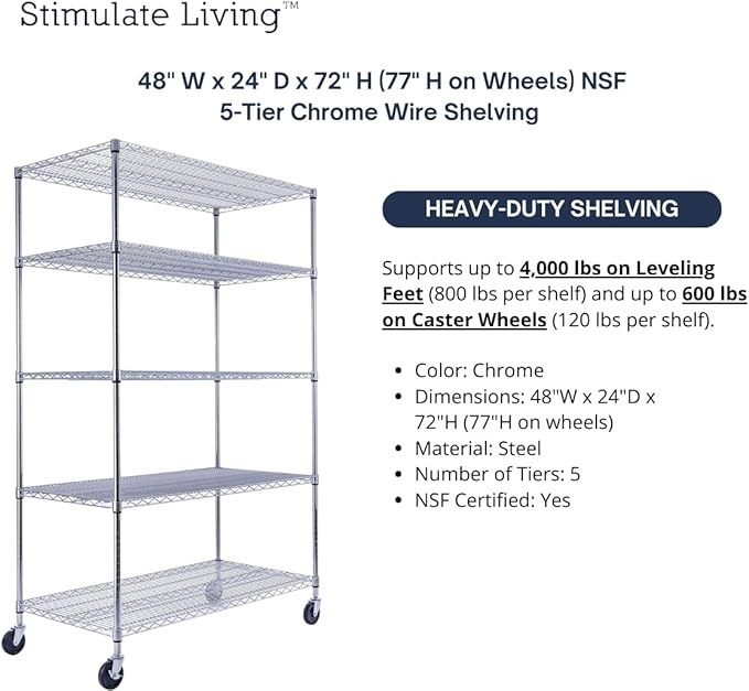 48"x24"x72" Prime Heavy Duty Chrome 5-Tier Steel Wire Shelving NSF 4000 LBS MAX Capacity Storage Rack for Commercial, School, Home, Garage, Warehouse, Industrial, and Hospital Uses (with Wheels)-Ruum Studio Home