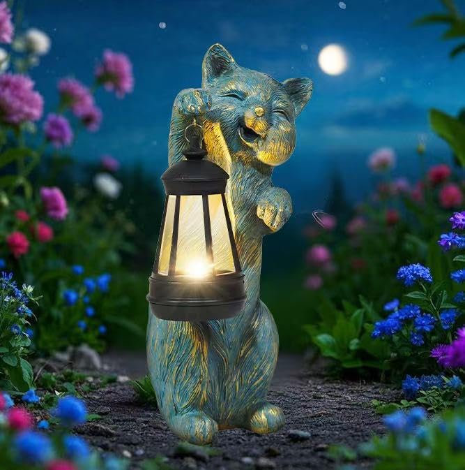 Garden Statues Cat with Solar Lantern Outdoor Bunny Figurines Decorations for Patio Yard Lawn Ornaments Gifts for Birthday Easter Housewarming Mother's Day-Ruum Studio Home