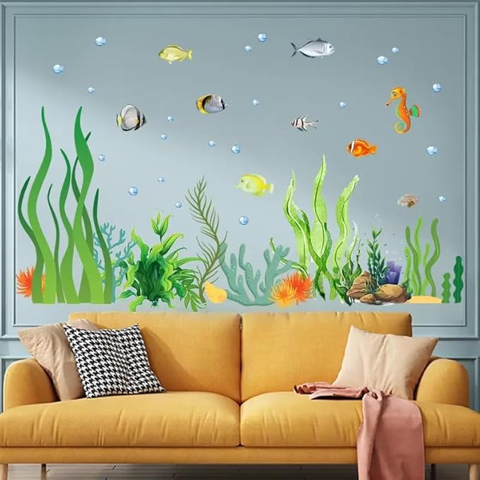 2 Sheets of 12x36 Inch Spring Summer Window Cling Sticker Fish, Plants, Aquatic Theme Window Stickers, Spring and Summer Decor, Home, Shop, Party Window, Glass, Wall Display Stickers (Aquatic Theme)-Ruum Studio Home