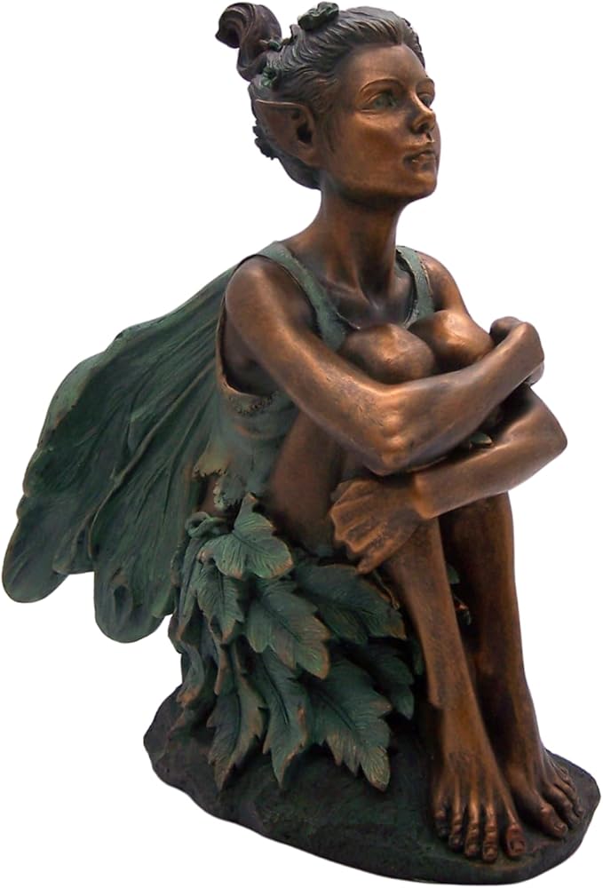 Copper Toned Fairy Holding Knees with Blue Accents Garden Statue, Whimsical Outdoor Decor, 13 Inches-Ruum Studio Home