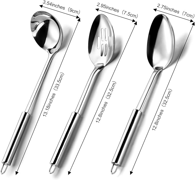 Pleafind Serving Utensils Set for Parties,3-Piece Silver Stainless Steel utensils set,Includes 1 Serving Spoon, 1 Slotted Spoon and 1 Soup Ladle,Serving Spoons for Buffet-Ruum Studio Home