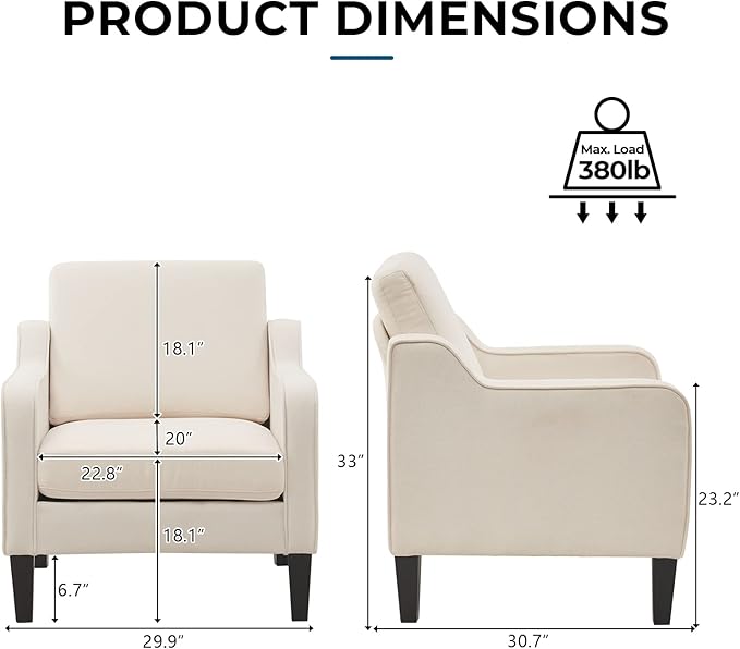 VINGLI Mid Century Modern Accent Chair, Beige Fabric Accent Chairs for Living Room Upholstered Armchair Sofa with Scooped Arms for Bedroom, Apartment, Studio, Office, Waiting Room-Ruum Studio Home