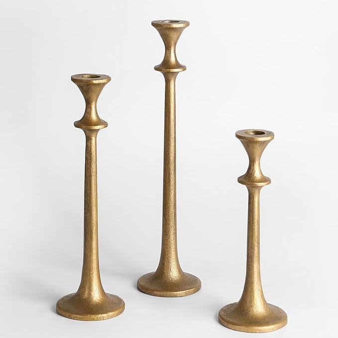 Iron Taper Candle Holder - Set of 3 Decorative Candle Stand - Candlestick Holder for Wedding, Dinning, Party - Antique Brass-Ruum Studio Home