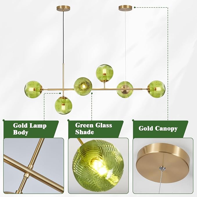 KCO Lighting 6 Green Glass Pendant Lights Kitchen Island Mid Century Modern Globe Sputnik Chandelier Brushed Gold Linear Island Light Fixture for Dining Room-Ruum Studio Home