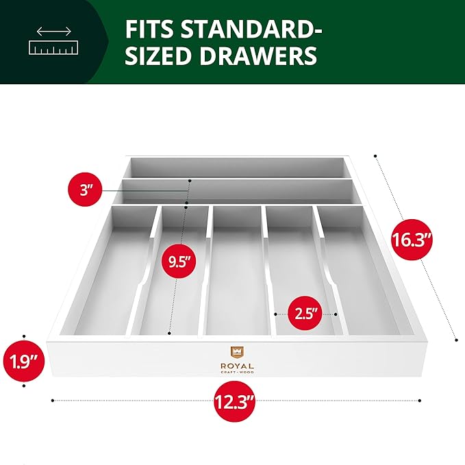 ROYAL CRAFT WOOD Luxury Bamboo Kitchen Drawer Organizer - Silverware Organizer - Utensil Holder and Cutlery Tray with Grooved Drawer Dividers for Flatware and Kitchen Utensils (7 Slot, White)-Ruum Studio Home