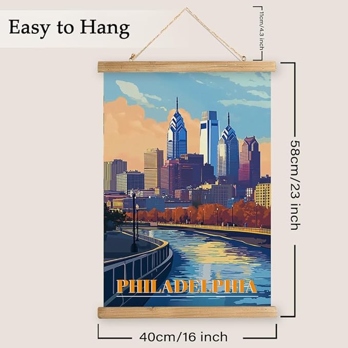 WREVERW Vintage Philadelphia Poster Canvas Print with Wooden Hanger Frame, Featuring Skyline and Schuylkill River, Wall Art for Home and Office Decor, 16x23 inches-Ruum Studio Home