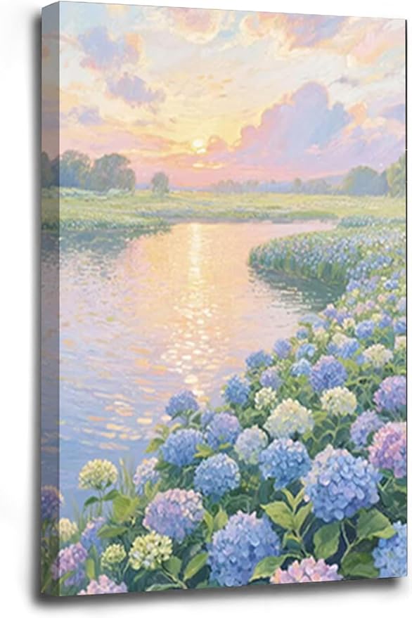 The hydrangea scenery all over the lake at sunset is suitable for posting in the living room bedroom office landscape poster wall painting-Ruum Studio Home
