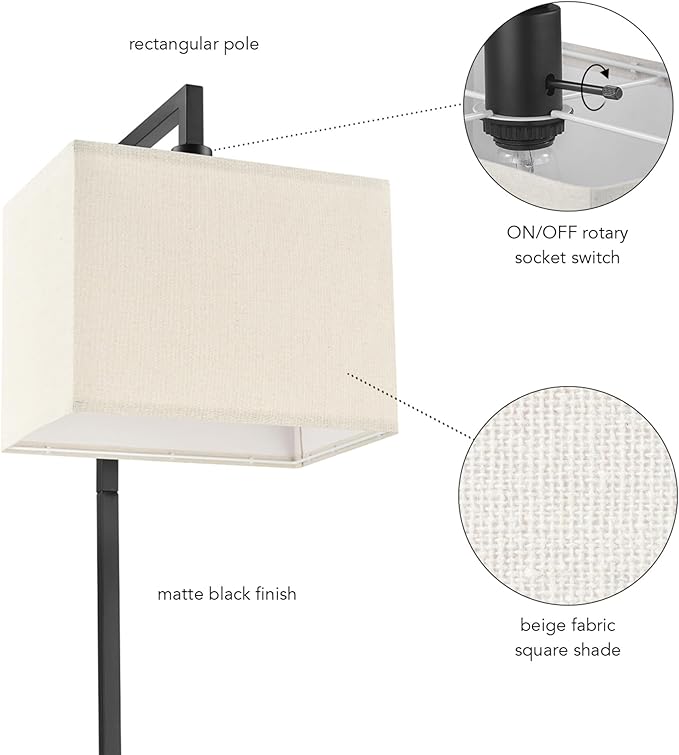 Globe Electric 61000052 60" Floor Lamp, Matte Black, Square White Fabric Shade, On/Off Rotary Switch on Socket, Square Rod, Reading Lamp, Home Office Accessories, Home Décor, Home Improvement-Ruum Studio Home