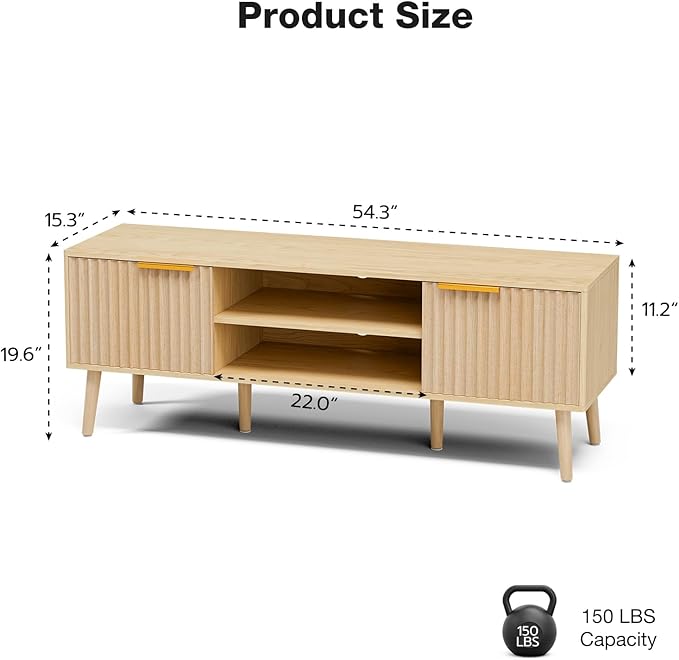 TV Stand for Living Room, Boho Entertainment Center for 55/60/65 inch TVs, Media Console with Fluted Door Cabinets and Open Shelves, for Bedroom, Oak-Ruum Studio Home