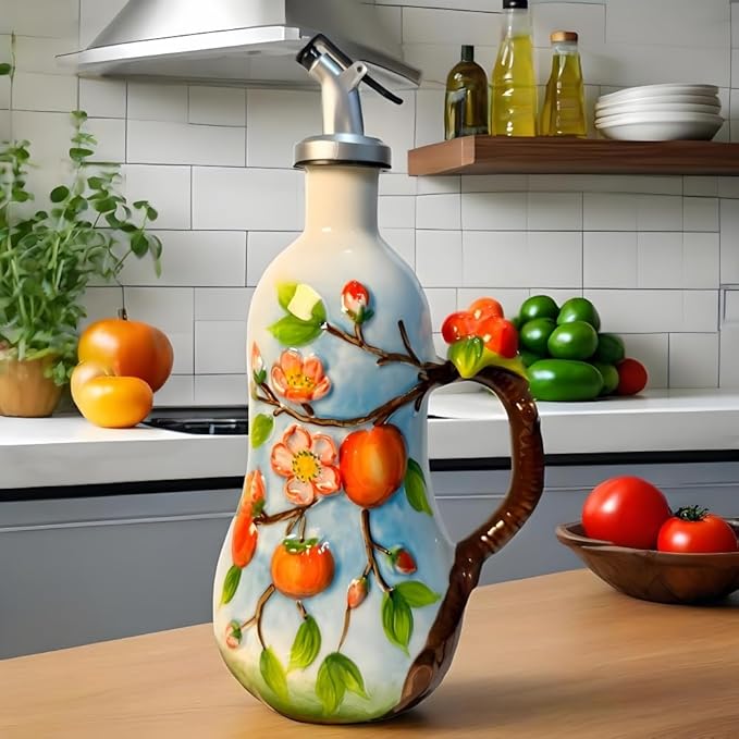 18.26oz/540ml Ceramics Olive Oil Dispenser Bottle,Hand Painted Reliefs Oil Dispenser for Kitchen,Oil Bottles for Kitchen (Persimmon)-Ruum Studio Home