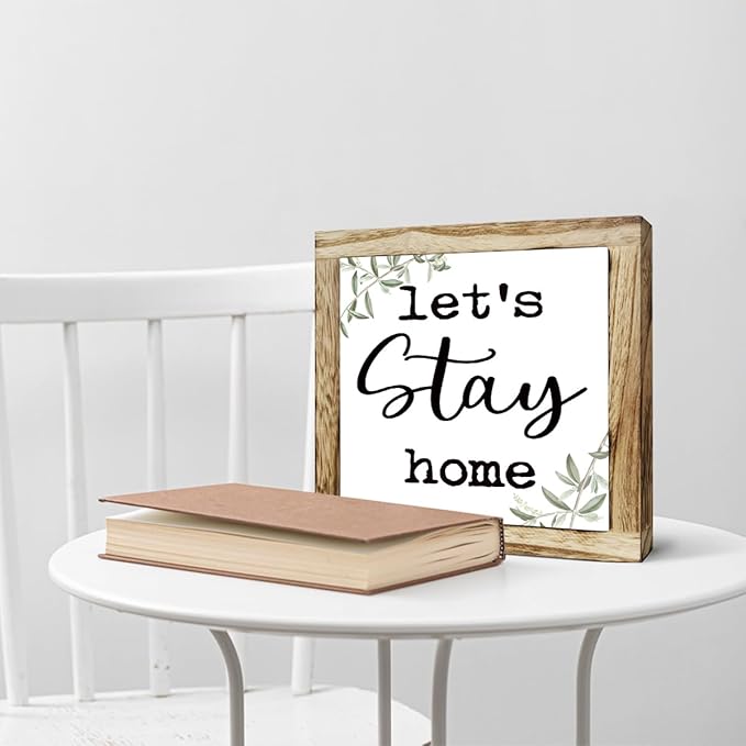 Rustic Wooden “Let’s Stay Home” Sign – Wooden Plaques Sign Table Decor, Shelf or Desk Decor, Farmhouse Living Room and Family Room Decoration, Cozy Home Accent and Housewarming Gift-Ruum Studio Home