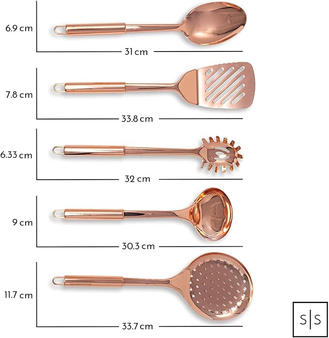 Copper Cooking Utensils Set – 5-Piece Rose Gold Stainless Steel Kitchen Tools for Cooking and Serving Includes Ladle, Spoon, Pasta Fork, Spatula, and Skimmer – Stylish Copper Kitchen Accessories-Ruum Studio Home