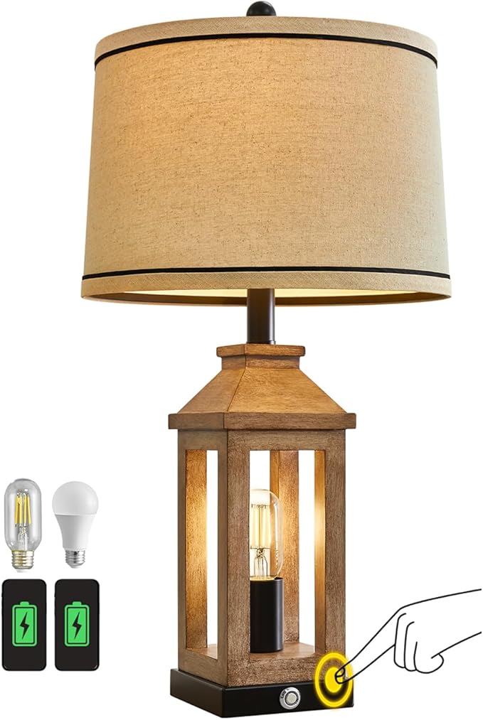 23.75" Farmhouse Table Lamps USB A+C Charging Ports 3-Way Dimmable Touch Control Lamp Nightlight Vintage Modern Lamp for Living Room Bedroom with 2 Light Sources-Ruum Studio Home