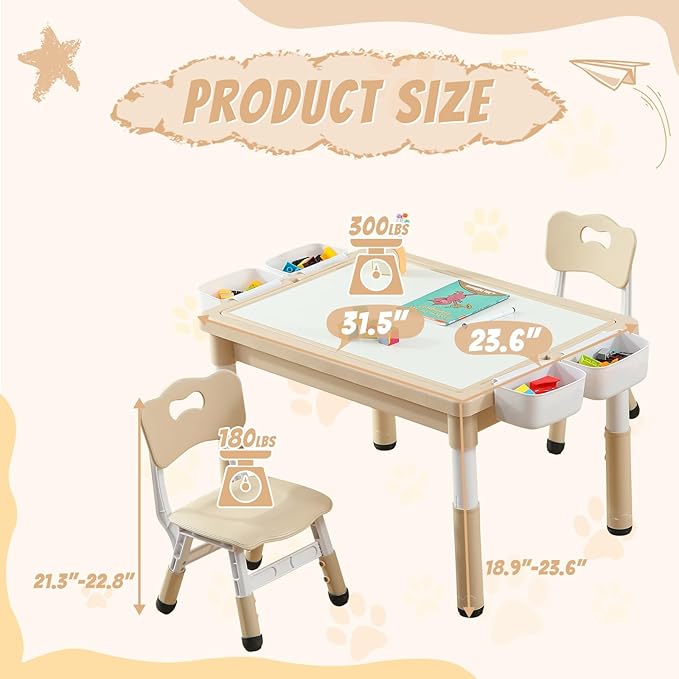 Multi Functional Kids Table and 2 Chairs Set, Graffiti & Building Blocks Double-Sided Tabletop, Toddler Play Table with Drawers, Large Storage Space, Gift for Boys/Girls, Burlywood-Ruum Studio Home