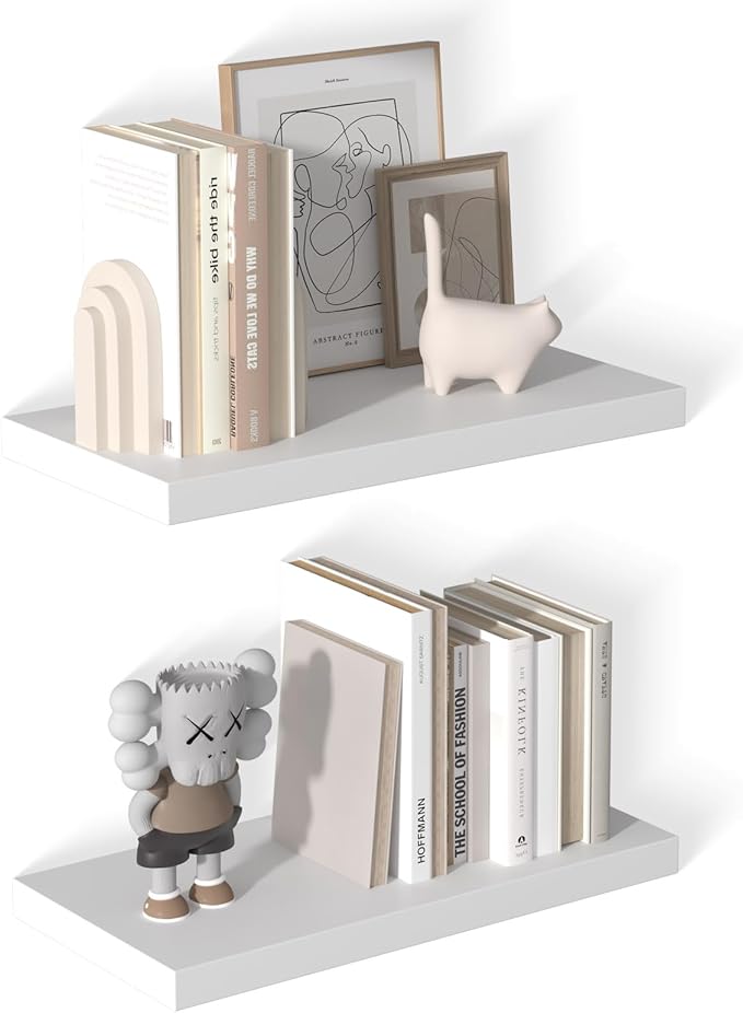 12 Inch Deep Floating Shelves for Wall 2 Pack White Floating Shelves Large Storage Space Wall Mount Shelf for Living Room Kitchen Bathroom 24" W x 12" D x 1.2" White-Ruum Studio Home