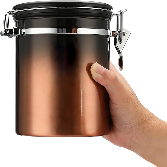 malmo Coffee Canister, Airtight Coffee Container with Date Tracker Lid, Stainless Steel Canister for Kitchen Food Storage (Black-Copper, 16oz)-Ruum Studio Home