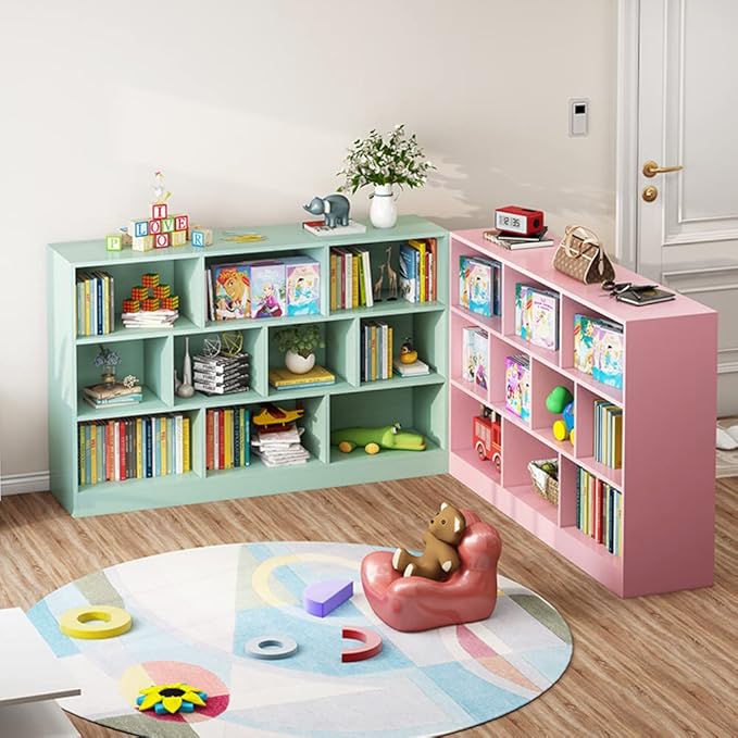 IOTXY Open Shelf Low Bookcase - Wooden 3-Tier Floor Standing Display Cabinet Organizer with Base, 5 Cubes Short Horizontal Bookshelf in Tiffany-Green-Ruum Studio Home