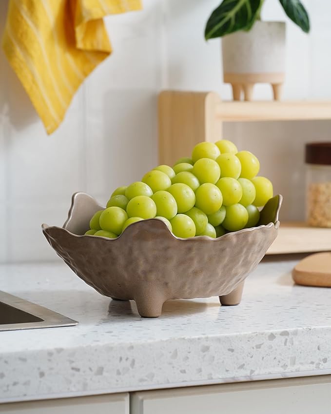 Fruit Bowl for Kitchen Counter, Porcelain Decorative Bowl for Home Décor Modern Pedestal Bowl with 3-Legs Large Centerpiece Bowl for Breads, Nuts, Brown-Ruum Studio Home