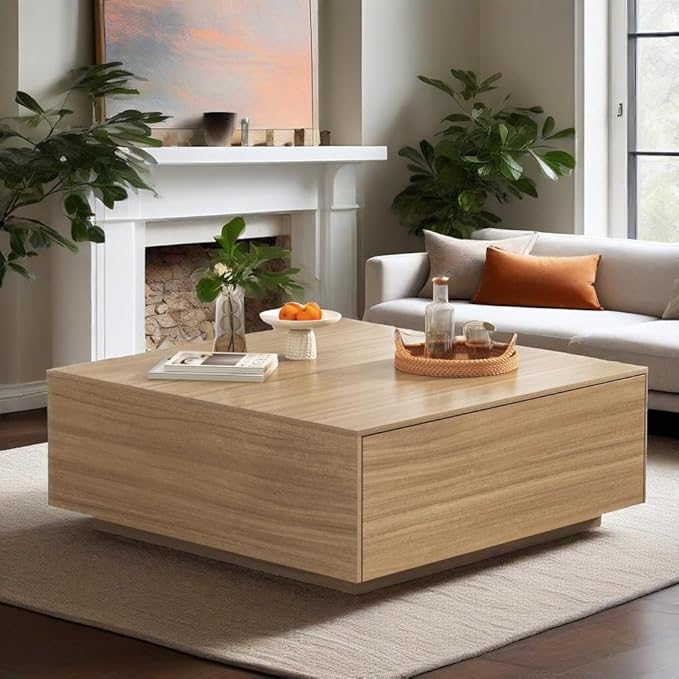 43” Square Coffee Table with Storage, 43" D x 43" W x 17" H Modern Large Square Center Table with 2 Drawers, Wood Coffee Table for Living Room, Light Brown,Bedroom,Light Brown-Ruum Studio Home