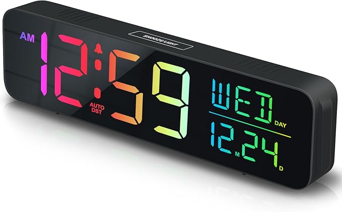 Peakeep Digital Alarm Clock for Bedrooms, Date Day of Week Large Display Numbers 6 Brightness Dimmer, 5 Volume Loud for Heavy Sleepers, 8 RGB Colors Electric Desk Clock Battery Backup, Auto DST-Ruum Studio Home