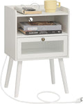 AWASEN White Nightstand with Charging Station, Modern Bedside Table with Glass Decorative Drawer, Small End Side Table with 2 Tiers Storage Space, for Bedroom, Office and Small Space(White)-Ruum Studio Home