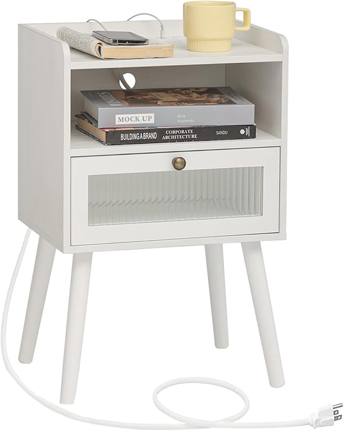 AWASEN White Nightstand with Charging Station, Modern Bedside Table with Glass Decorative Drawer, Small End Side Table with 2 Tiers Storage Space, for Bedroom, Office and Small Space(White)-Ruum Studio Home