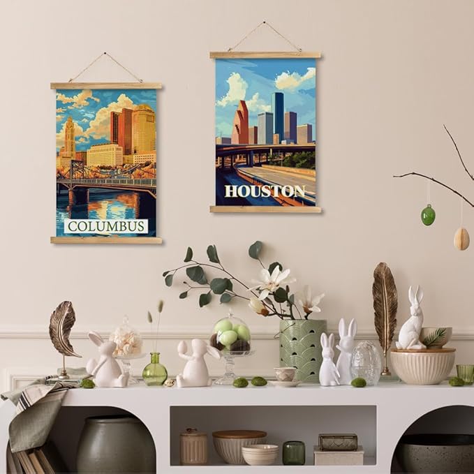WREVERW Vintage Columbus Poster Canvas Print with Wooden Hanger Frame, Featuring Scioto River Bridge and Iconic LeVeque Tower, Wall Art for Home and Office Decor, 16x23 inches-Ruum Studio Home