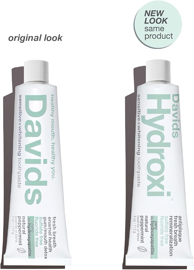 Davids Hydroxi™ Fluoride Free Nano Hydroxyapatite Toothpaste for Remineralizing Enamel & Sensitive Relief, Whitening, Antiplaque, SLS Free, Natural Peppermint, 4oz, Made in USA (3 Pack)-Ruum Studio Home