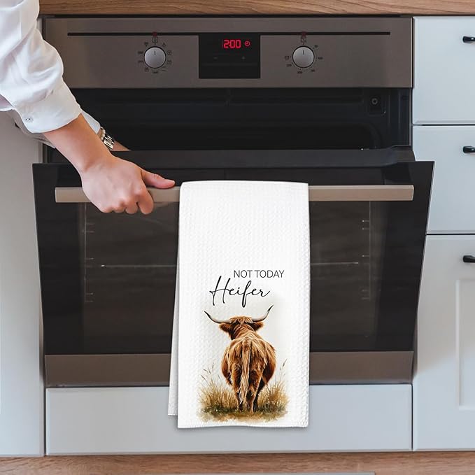 Not Today Heifer Highland Cow Hand Towels for Farmhouse Kitchen Bathroom Decor | Funny Waffle Weave Microfiber Dish Towel Western Gift-Ruum Studio Home