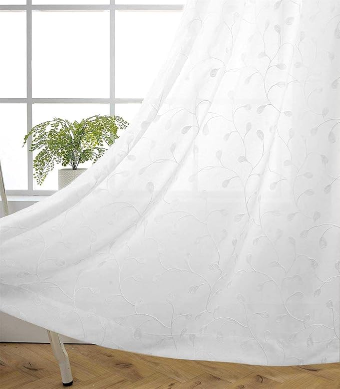 MIUCO Floral Embroidered Semi Sheer Curtains Faux Linen Grommet Window Curtains for Bedroom Living Room 95 Inches Long 2 Panels, Pure White-Ruum Studio Home
