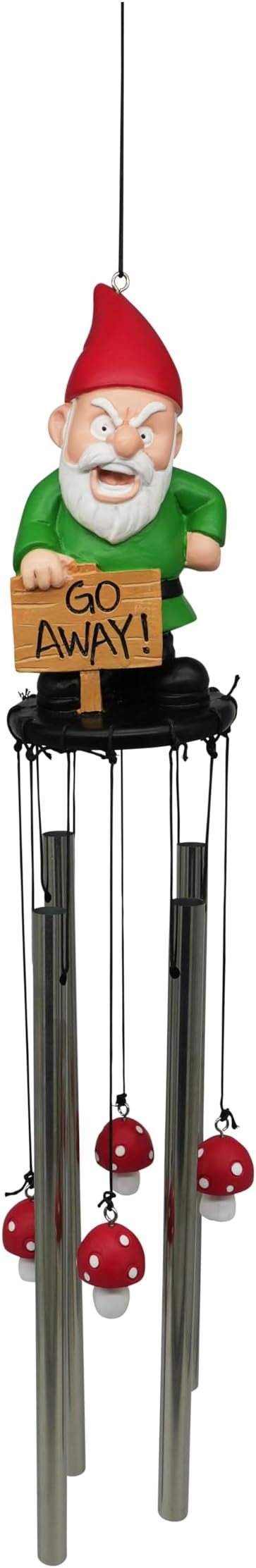 Funny Gnome Wind Chime for Garden or Porch – Peeved Garden Gnome Holding 'Go Away' Sign – Outdoor Yard Décor with Stainless Steel Tubes & Resin Mushroom Strikers – Hilarious Gift Idea-Ruum Studio Home