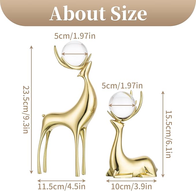 Sziqiqi Brass Reindeer Christmas Statue - Deer Sculpture for Living Room Decor - Gold Metal Reindeer Antler Animal for Tabletop-Ruum Studio Home